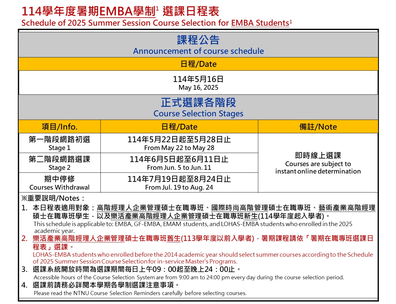 Course Selection Schedule of Summer Session, 2025 for EMBA Students